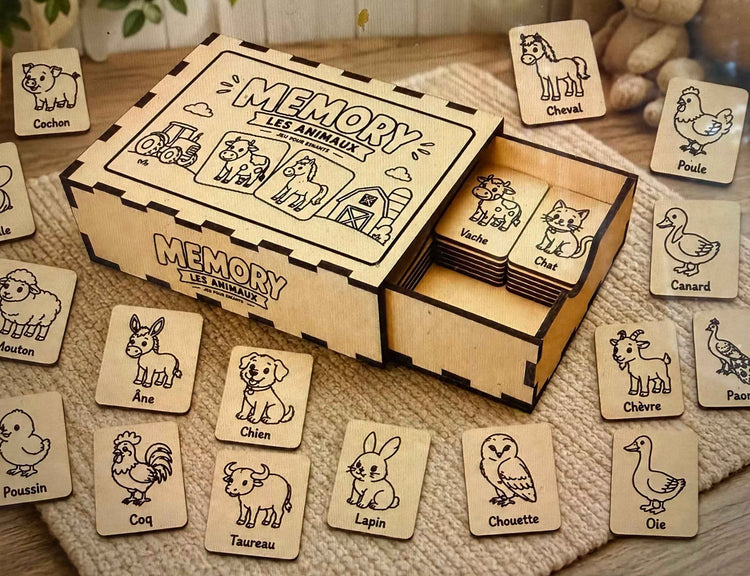 Jeu Memory Animaux Personnalisé en Bois Gravé – Éveillez l&