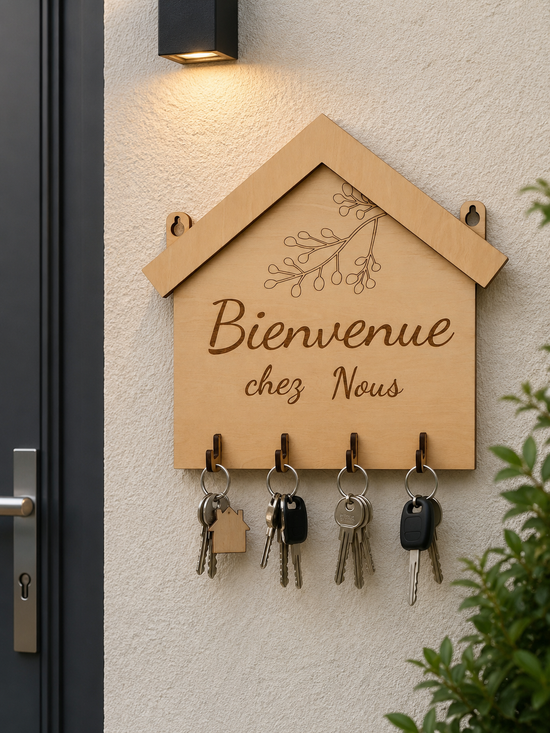 Support Porte-Clés Maison en Bois Gravé – 4 Crochets