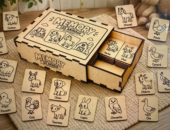 Jeu Memory Animaux Personnalisé en Bois Gravé – Avec Boîte de Rangement